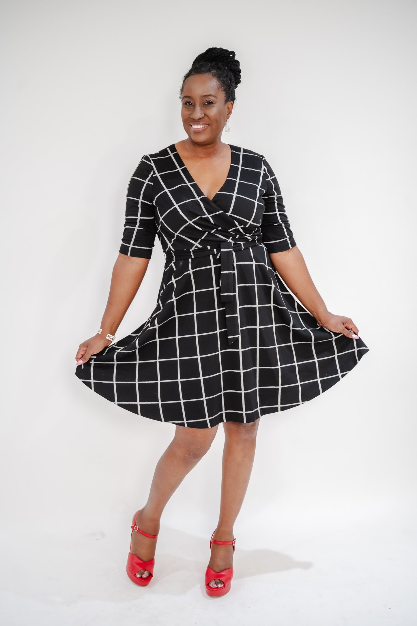 DKNY Front Wrap V-Neck Fit-and-Flare Dress with Elbow Sleeve