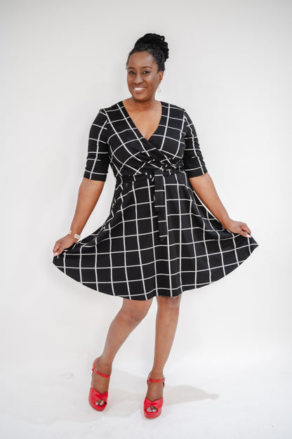 DKNY Front Wrap V-Neck Fit-and-Flare Dress with Elbow Sleeve