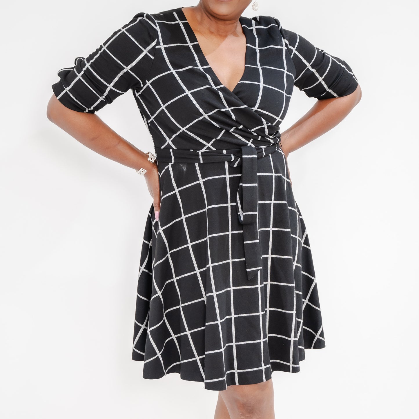 DKNY Front Wrap V-Neck Fit-and-Flare Dress with Elbow Sleeve